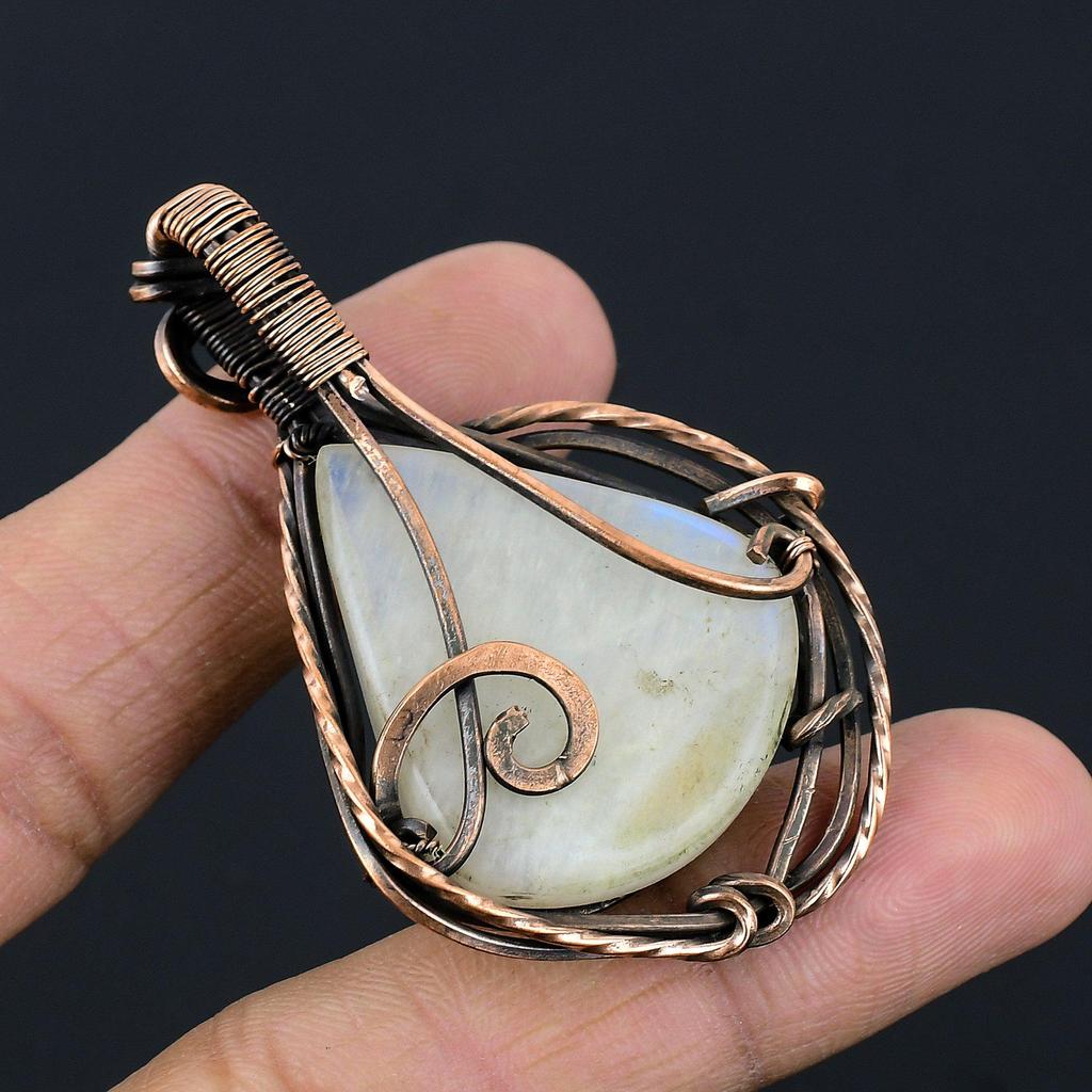 Moonstone 999 Copper Wire Wrapped Pendant, Handmade Gemstone Pendant, Gift For Mom Antique Jewelry