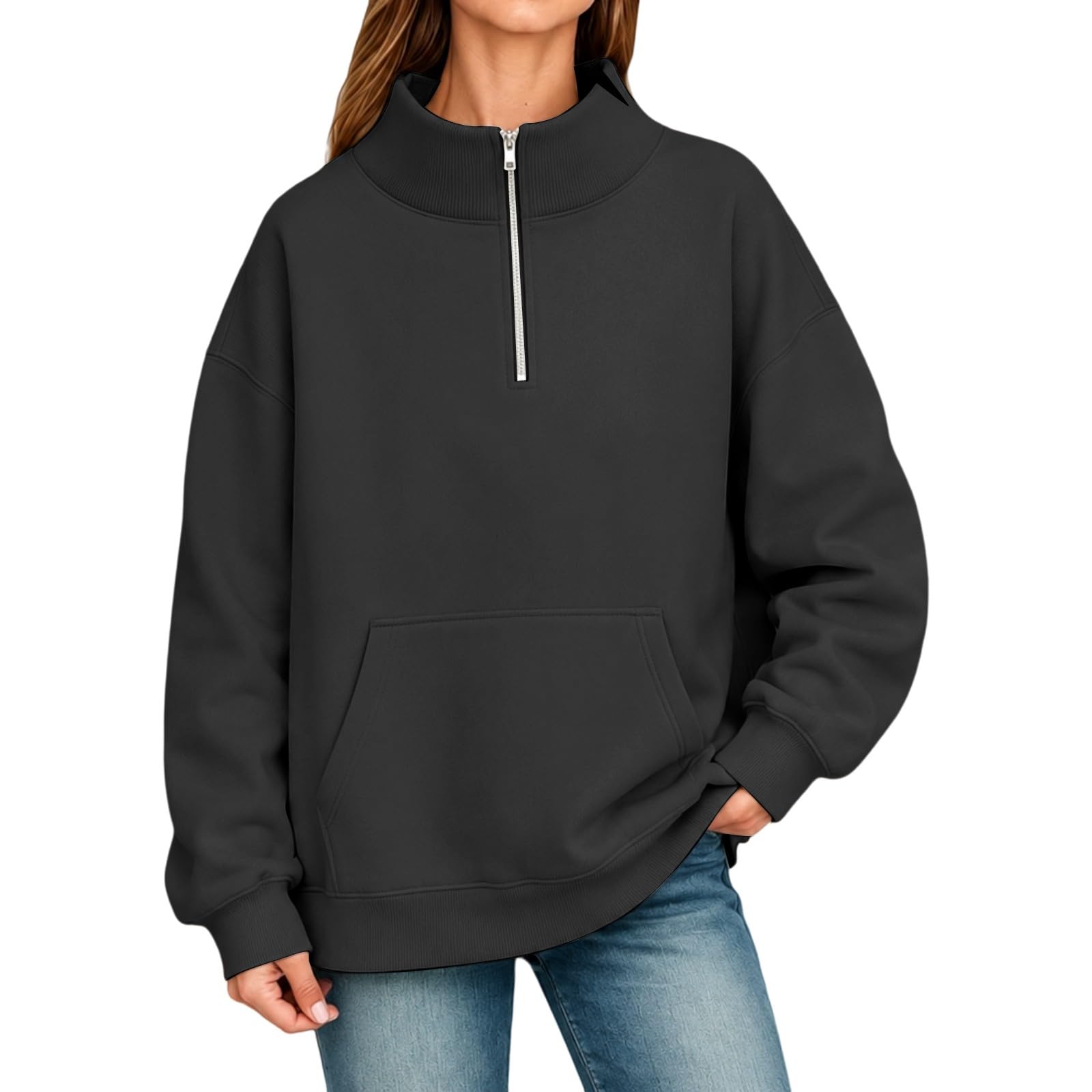Women s Color Zip-Up High Neck Hoodie with Pockets , Loose Fit Casual Sweatshirt L чёрный