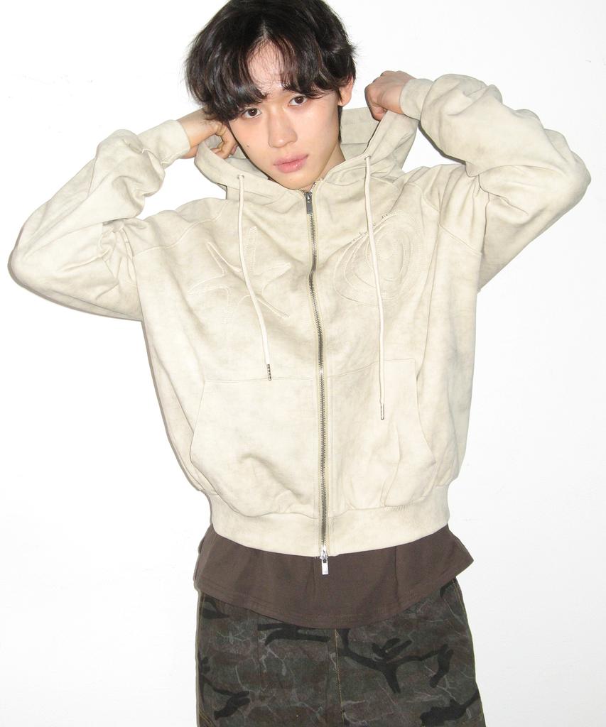 Someplace Man Sequin Star Patch Point Crack Two-Way Sweat Hooded Zip-Up Jacket [Cream]