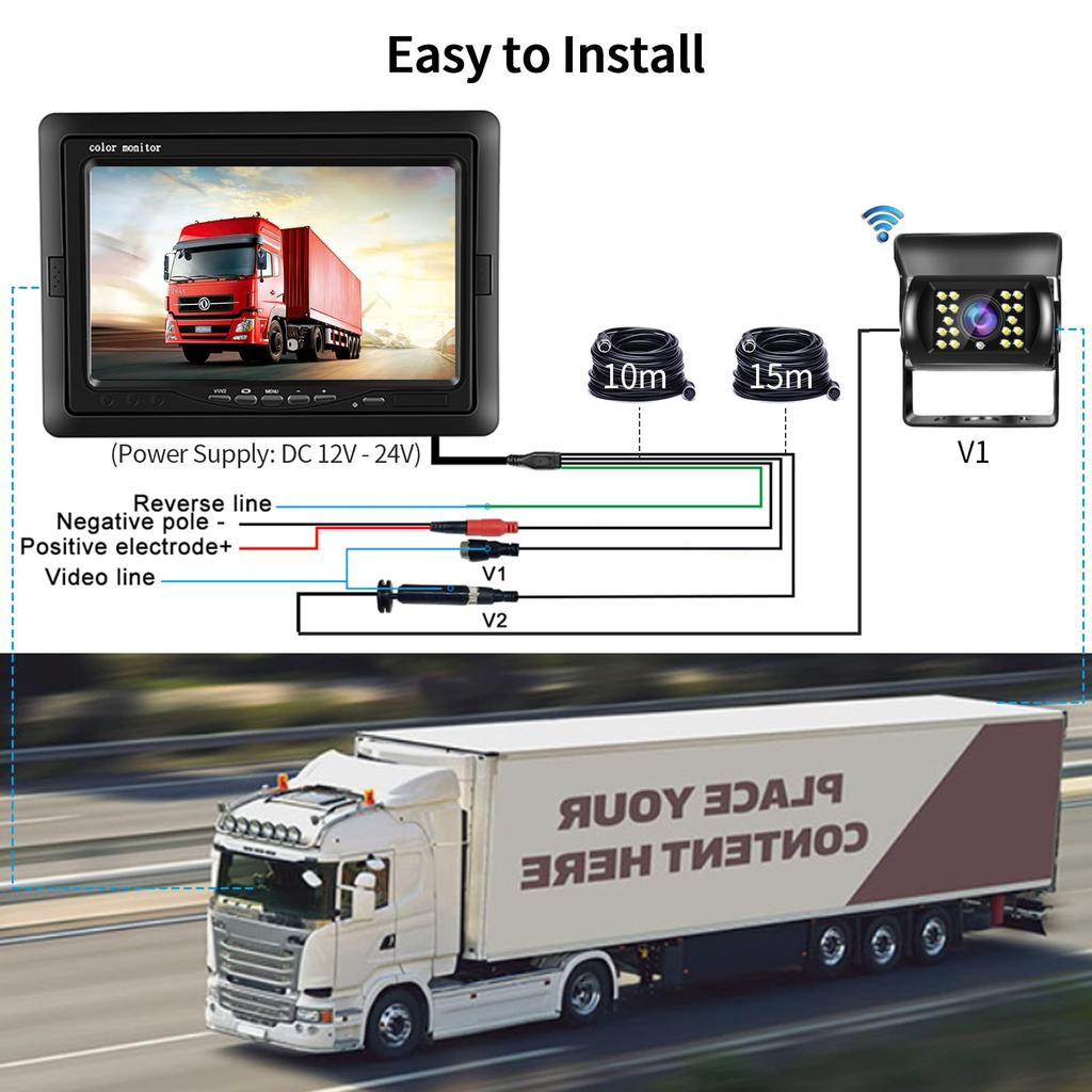 Hodozzy Backup Camera Kit with LCD Monitor and 2 Rearview IP68 18 IR Night and Cable for Parking or Caravan 7-inch Cameras, Waterproof, Vision, 4-Pin