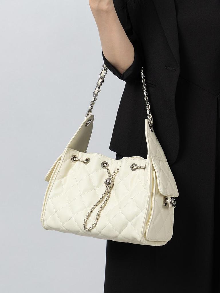 Skórzana torba typu worek Hobo z łańcuszkiem, tekstura kawioru, wzór Argyle, duża pojemność, damska na ramię i crossbody.