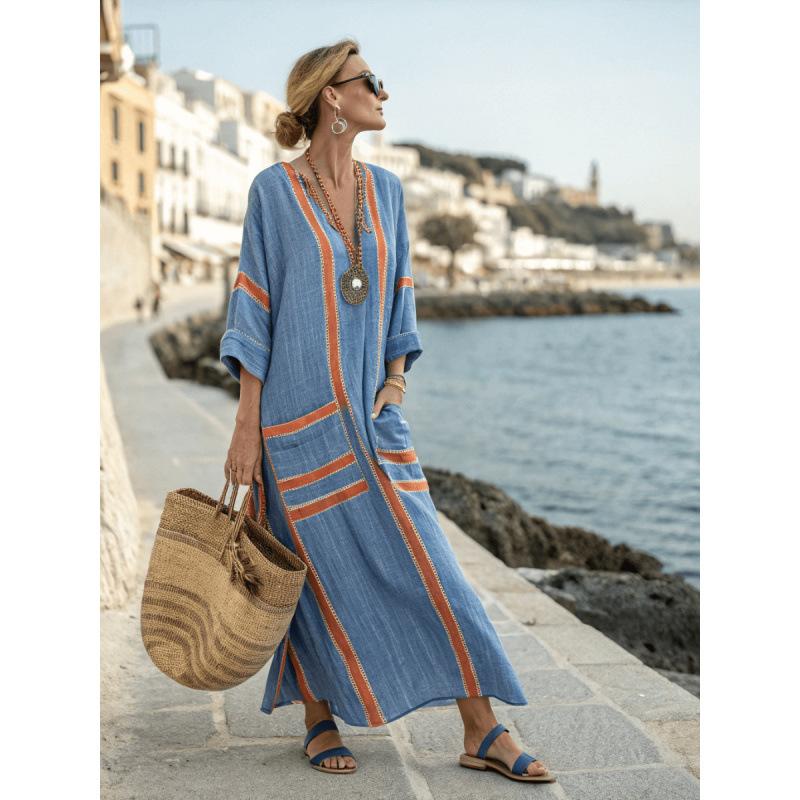 3D digital printing V-neck five-quarter sleeve long pocket Kaftan dress