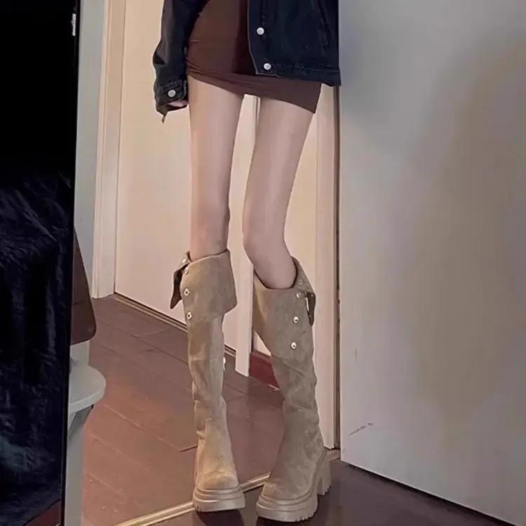 Western knee boots women's high boots French retro black outer wear thick-soled boots increase the height of autumn and winter new models