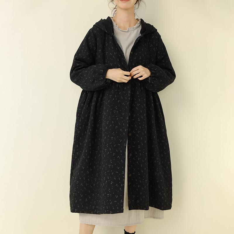 Herbst/Winter Floral Mori Stil Kapuzen Baumwolle Leinen Kleid Mantel für Damen