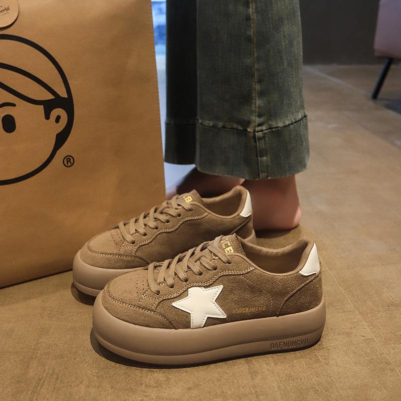 Leather retro old star board shoes women's autumn new muffin round head platform white shoes