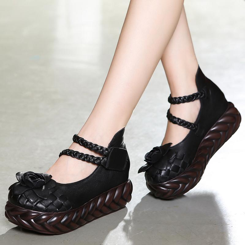Fashion GKTINOO Women Leather High Heels Wedge Shoes Flower 2025 Autumn Pumps Women Genuine Leather Handmade Mary Jane Pumps Platform