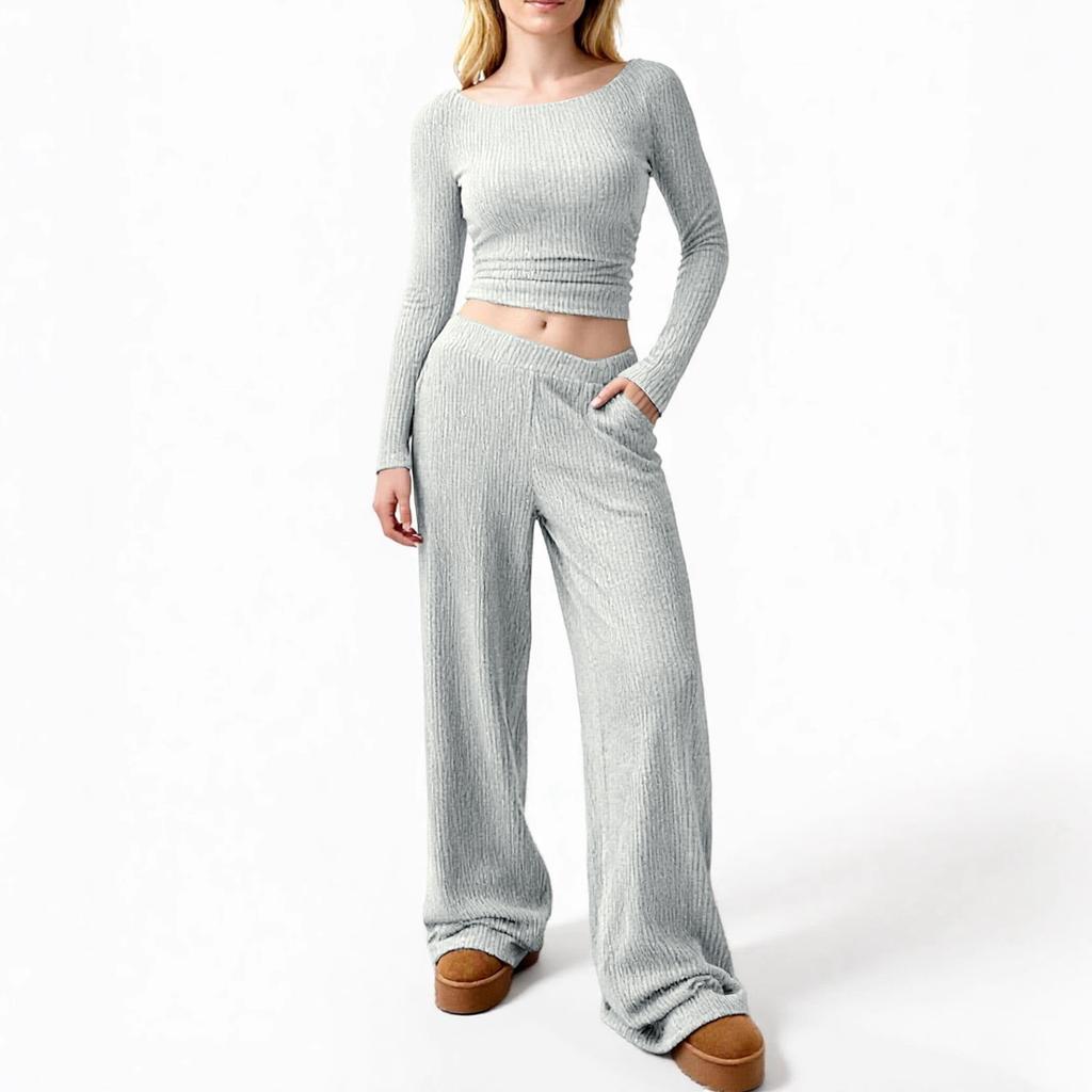 Damen Langarm-Oberteil und Weitbein-Hose mit elastischem Bund Mode Freizeitanzug