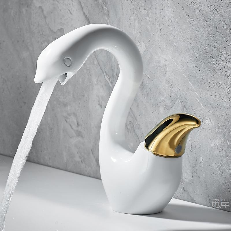 Gold Creative Swan Basin Faucet, Solid Brass Bathroom Vanity Sink Faucet, Hot and Cold Water Faucet, Gunmetal Gray