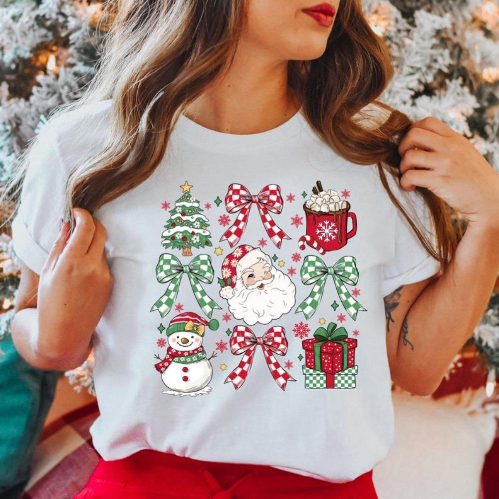 Christmas Party TShirt Cute Christmas EleUnisext Shirt Bow SnowUnisex Santa Claus Printed TShirt Xmas Gift Women Casual Cotton Tops