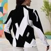 Women Plus Size Collared Neck Long Sleeve Black White Geometric Printed Button Front Curved Hem Shirt