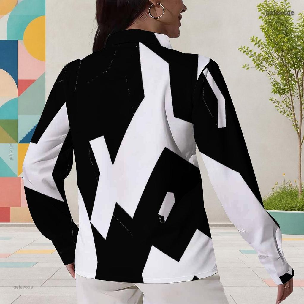 Women Plus Size Collared Neck Long Sleeve Black White Geometric Printed Button Front Curved Hem Shirt
