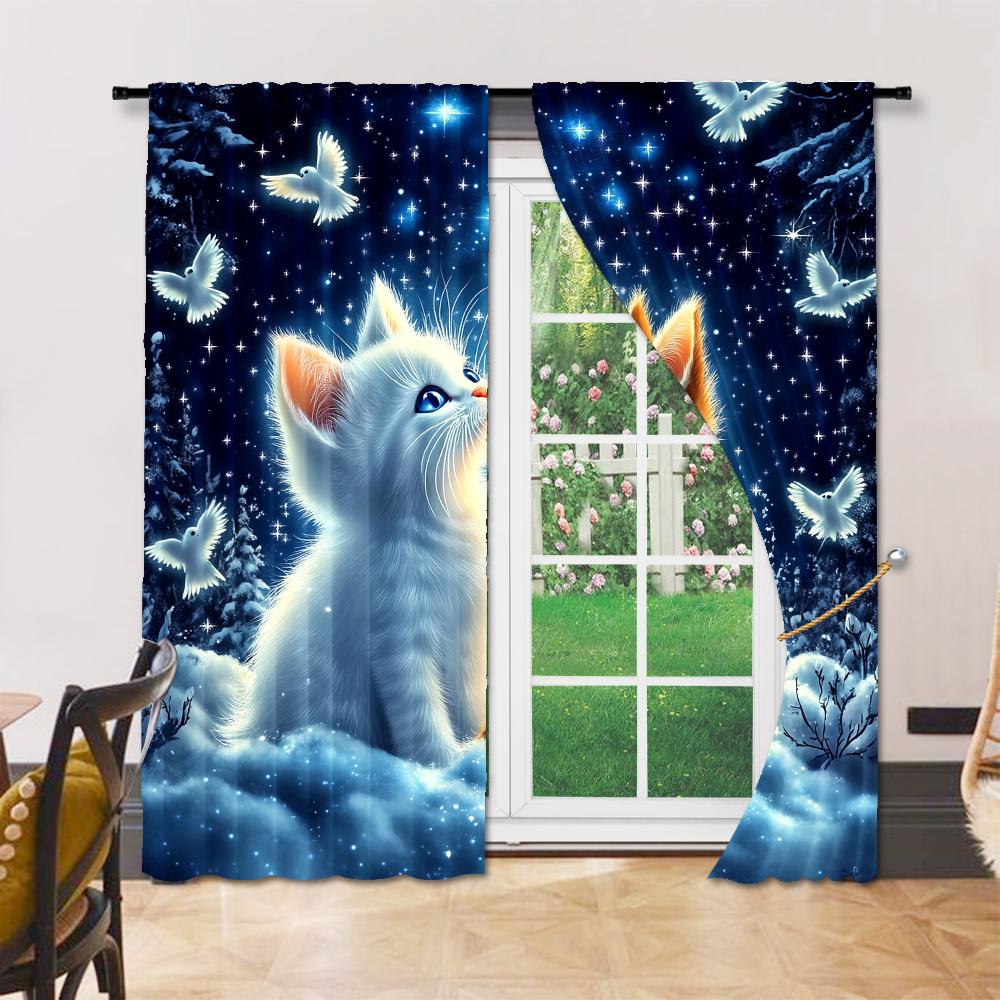 2Pcs Adorable Cat And Star Print Polyester Window Curtains Rod Pocket Design For Easy Hanging Home Decor Perfect For Bedroom