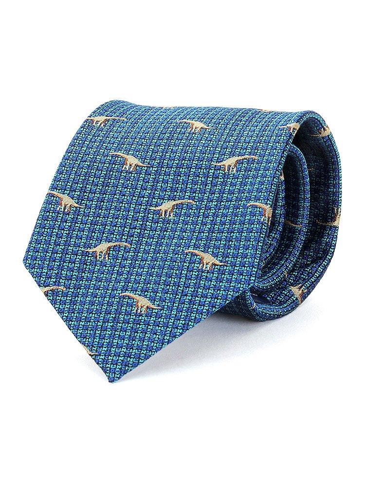 [COLORATA] Colorata Brachiosaurus Necktie (145 x 8.5 cm  Blue  Small Pattern  100% Silk  Jacquard Weave) Animal Dinosaur  Gift Present
