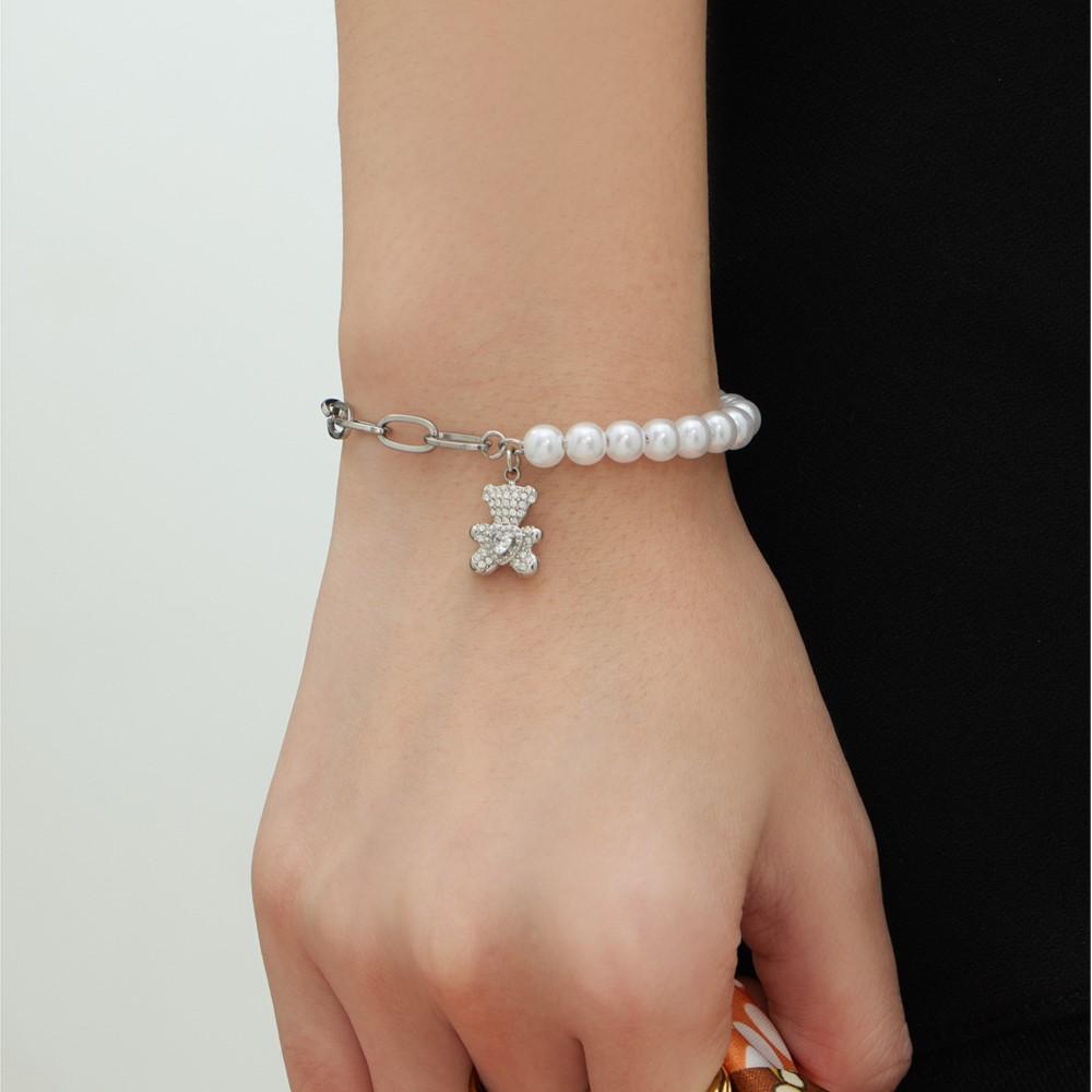 Cubic Zirconia Bear Charm Bracelet In Stainless Steel 18k Gold Plated Link Chain Bracelets Shell Beads Beaded Bracelet for Women