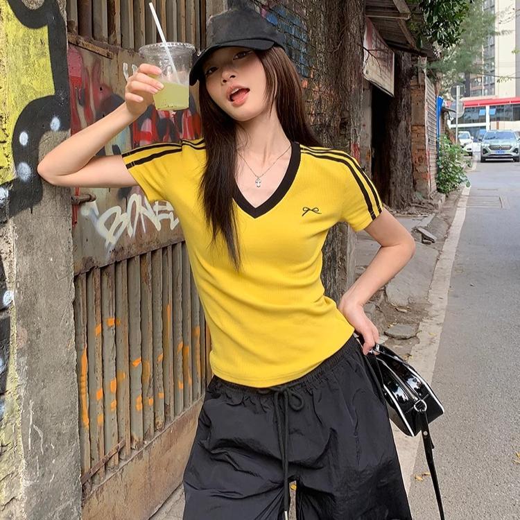 Harajuku Short Sleeve Fashion Pullover Y2k Tops Women's Cotton T Shirt Summer V-Neck Slim Casual T-Shirts for Women