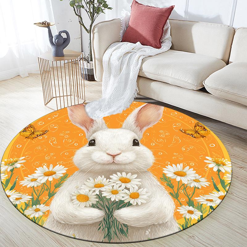 Rabbit and Flowers pattern round rug,Carpet Rug for Living Room Bedroom Sofa Playroom Decor,Non-slip Floor Mat,Holiday Gifts and Birthday Gifts