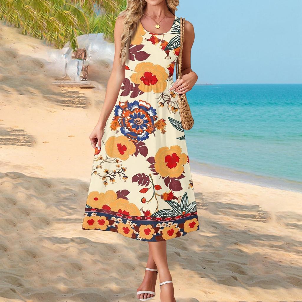 Modisches Damen-Sommerkleid, elegante Freizeitkleidung, Strandurlaub-Sonnenrock mit Taschen