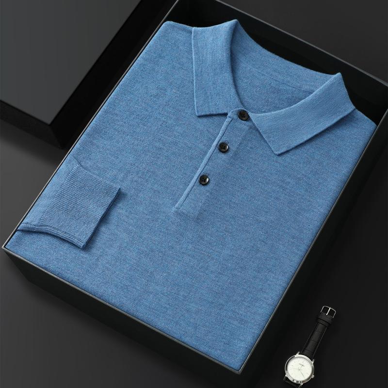 Men's Spring and Autumn Casual Polo Collar Long-sleeved Knit Shirt Solid Color Loose Business Pullover Tops