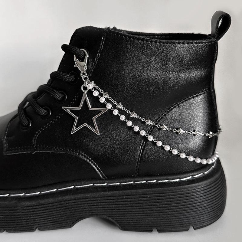 Doppellagige Schuhkette Canvas Schuhe Ketten Punk Stil Stern/Herz Perlen Schuhschnallen Schmuck Trendy Y2k Accessoires