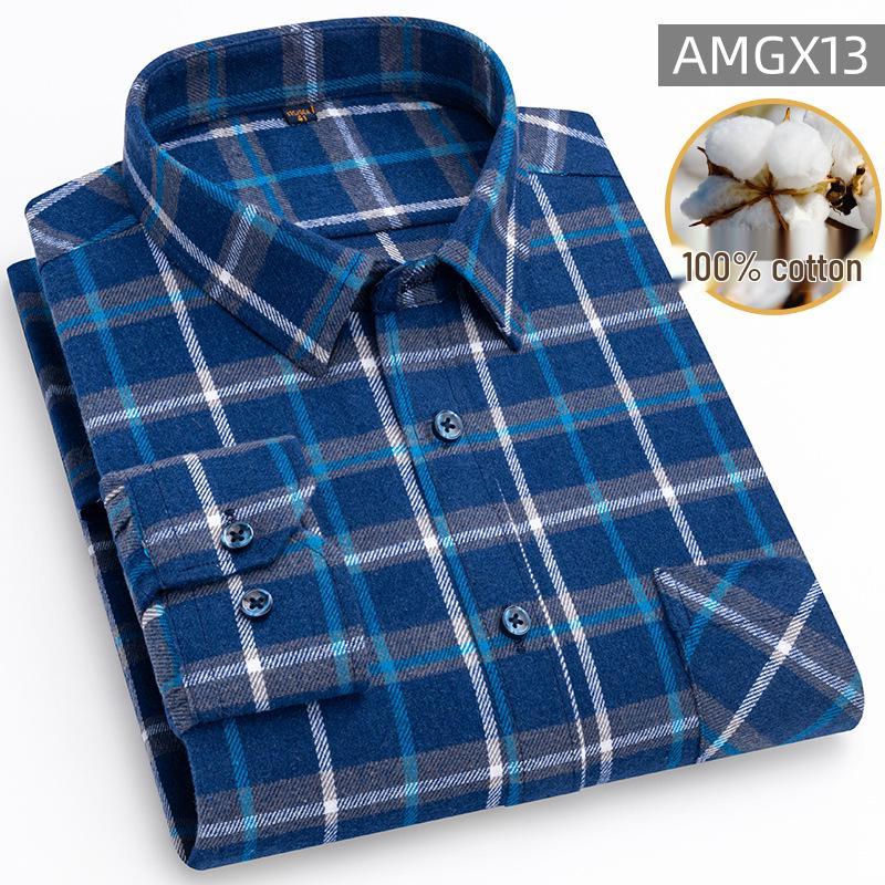 New Men's Plus Size Brushed Cotton Plaid Long Sleeve Shirt for Middle-Aged & Elderly with Straight Hem