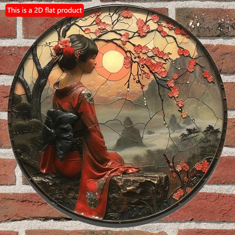 2d Flat 20*20cm, Round Wooden Art Sign, Japanese Kimono Decorative, Entrance Decor Gife, for Home, Kitchen, Garden, Bedroom, Bar Decor.