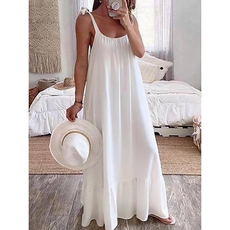 VEZFAA Women s Fashion Summer Spring Solid Color Print Sleeveless Suspenders Loose Waistlinet Casual Dresses S белый
