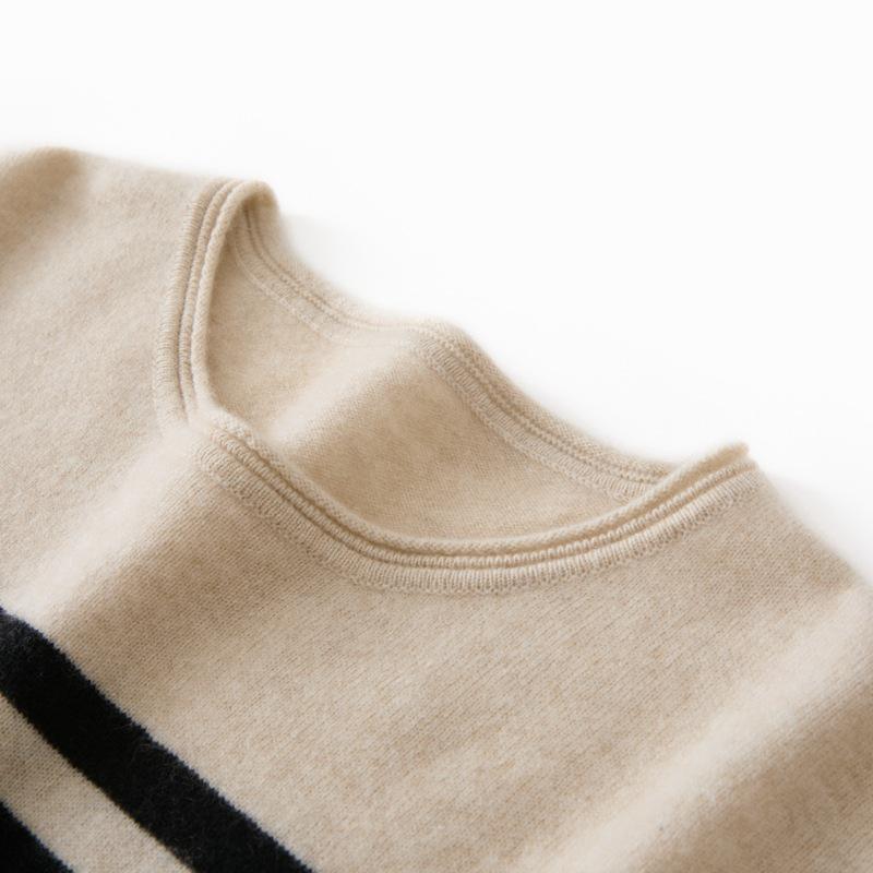 2025 Fall/Winter Women's 100% Cashmere Color Block Retro Stripe Round Neck Pullover Sweater