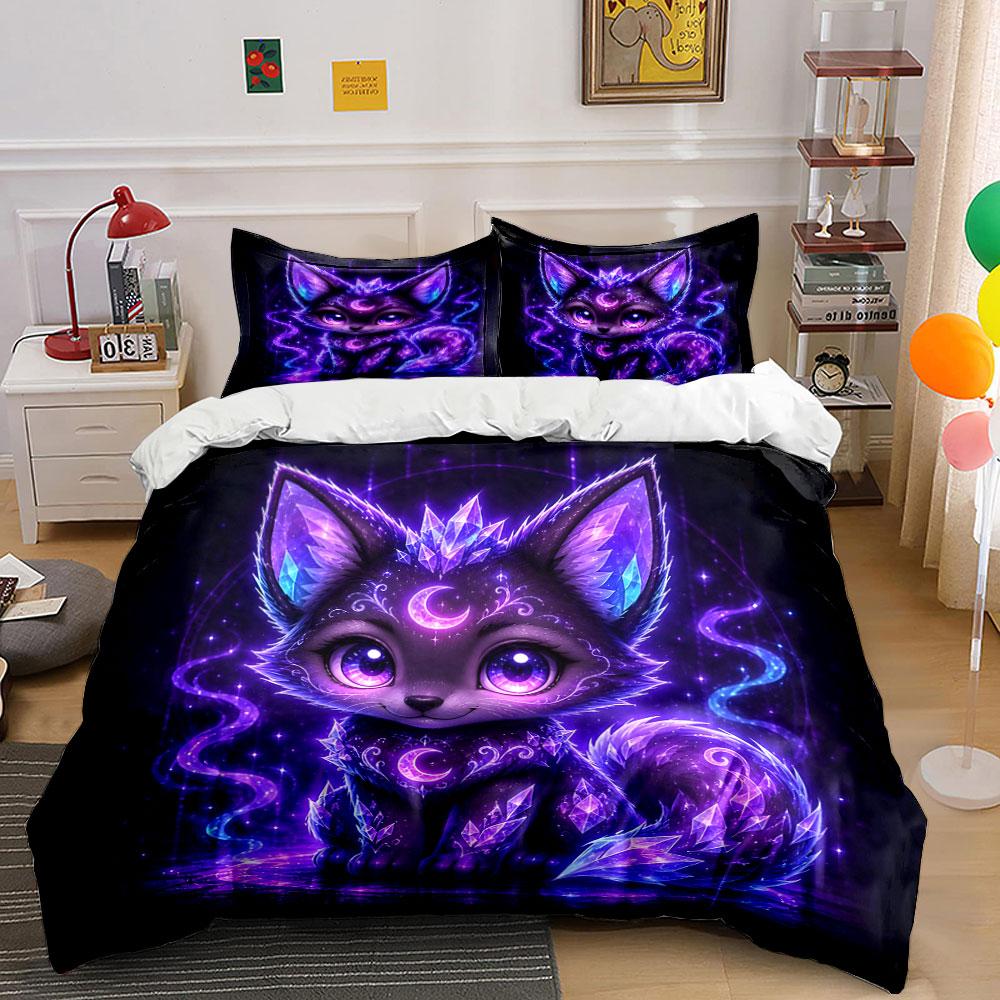 Magical Purple Fox Design Bedding Duvet Cover Set (1*Duvet Cover 2*Pillowcases, Without Duvet Insert)