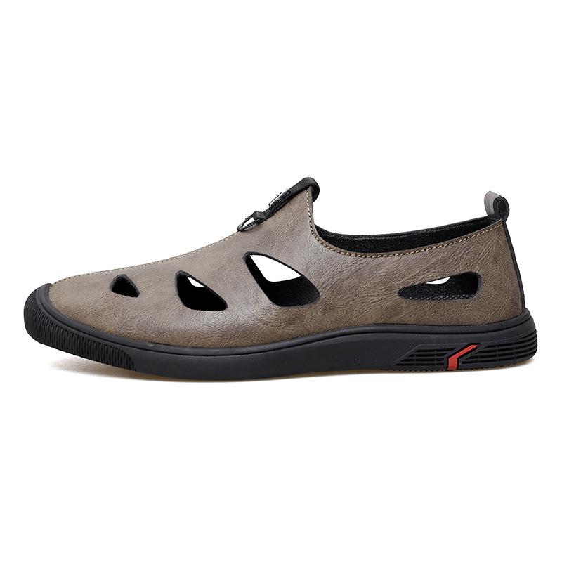 Black Hollowed-out Leather Shoes for Young Men, Breathable One-pedal Soft-soled Cool Leather Shoes, Business British Summer Leisure Shoes