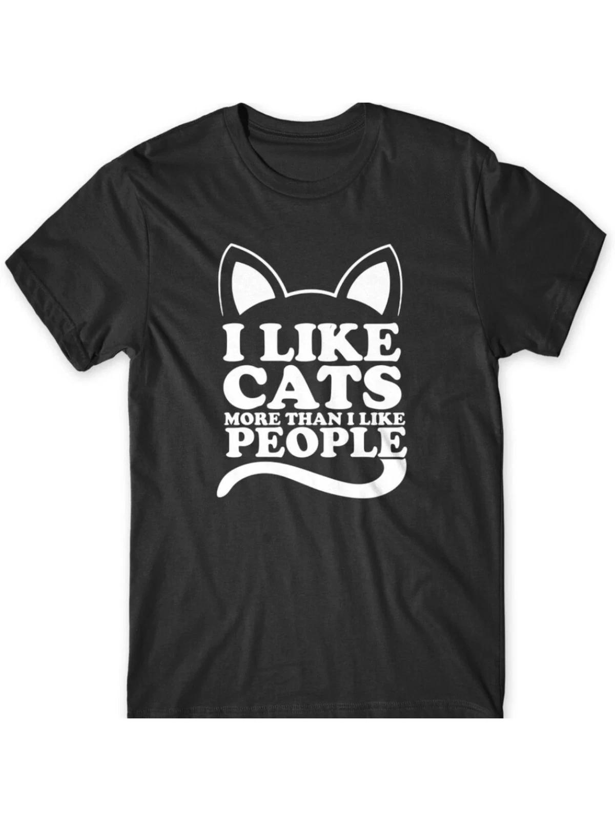 Comfortable Cotton Funny T-Shirt – I Like Cats More Than People, Black with Whit L