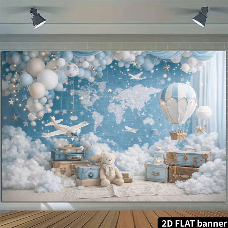 

2D World Map & Airplane Backdrop with Bear & Suitcases Kids Birthday Party Photo Booth Background 47.2x31.5inch/120*80cm