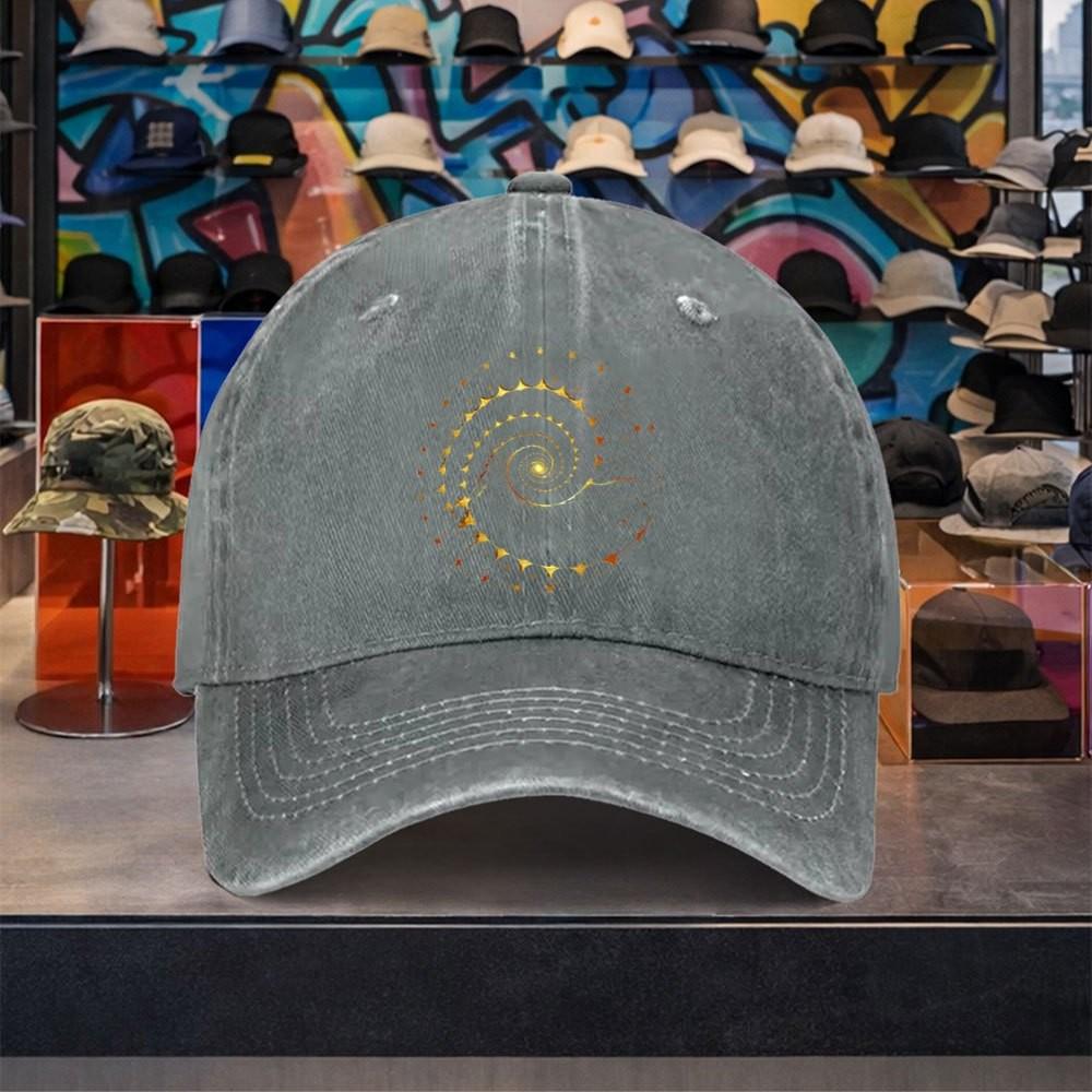 Golden Spiral Pattern Washed Denim Baseball Cap Adjustable Sun Hat Unisex Outdoor Travel Accessory