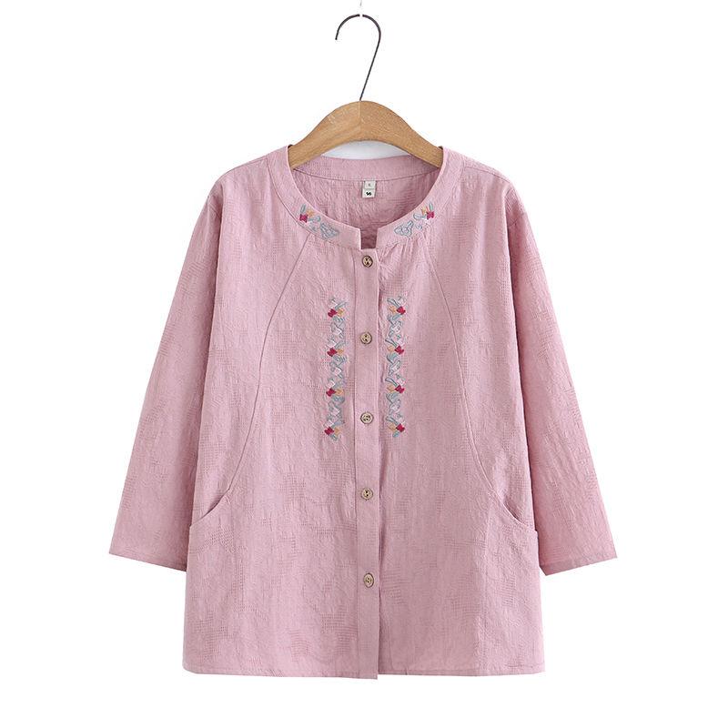 Embroidered Cotton Shirt Women's Large Size Spring and Autumn Tops, High-end Western Style Bottoming Shirt, Mother Shirt