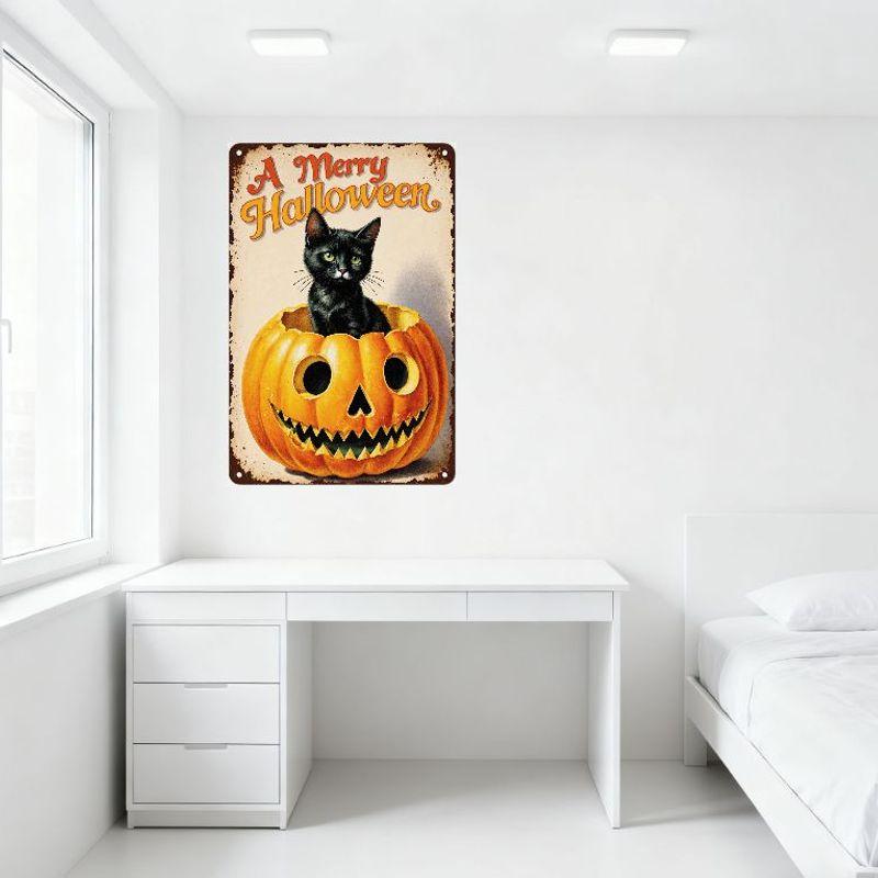 Vintage Halloween Poster A Merry Halloween Kitten in Carved Pumpkin Tin Sign Retro Spooky Cute Metal Wall Decor for Home Bar Pub