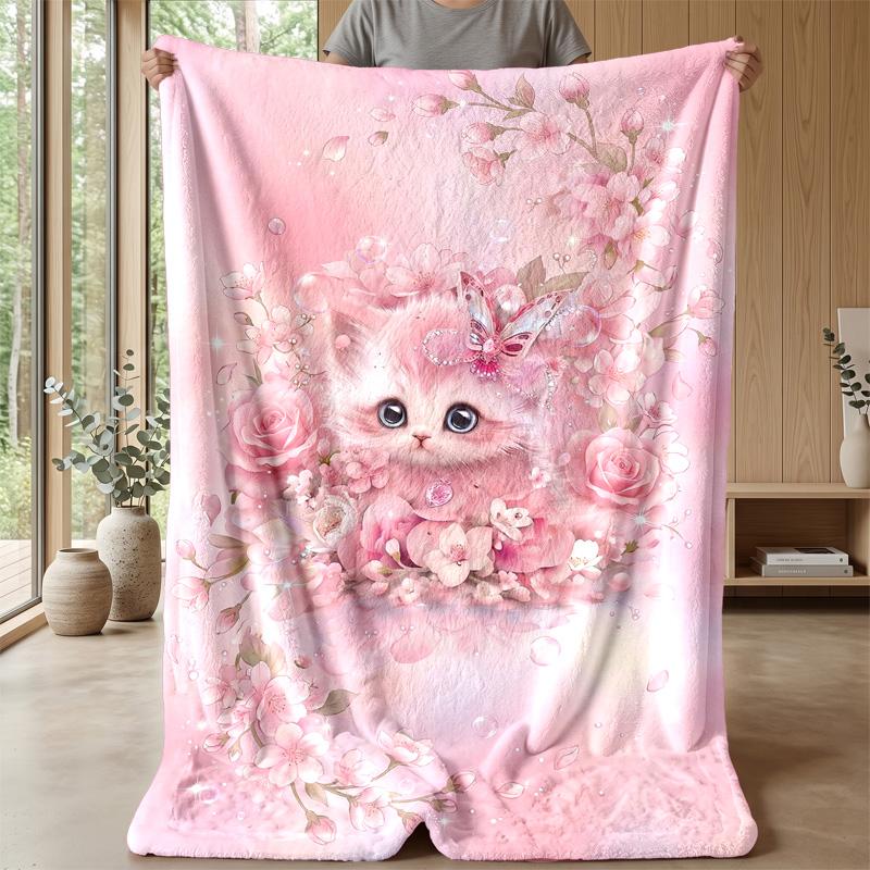 Orange Cat Family Theme Blanket Lightweight Warm Flannel Blanket Decorative Throw Blanket for Home Decoration