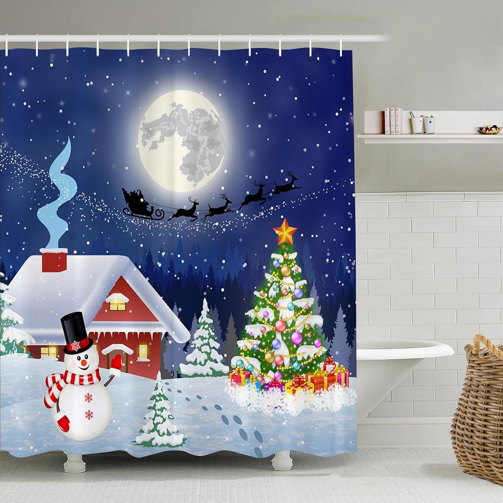 Christmas Shower Curtain Snowflake Bathroom Curtain, Merry Christmas Bathroom Decoration Blue Cartoon Snowman Bathroom Decor