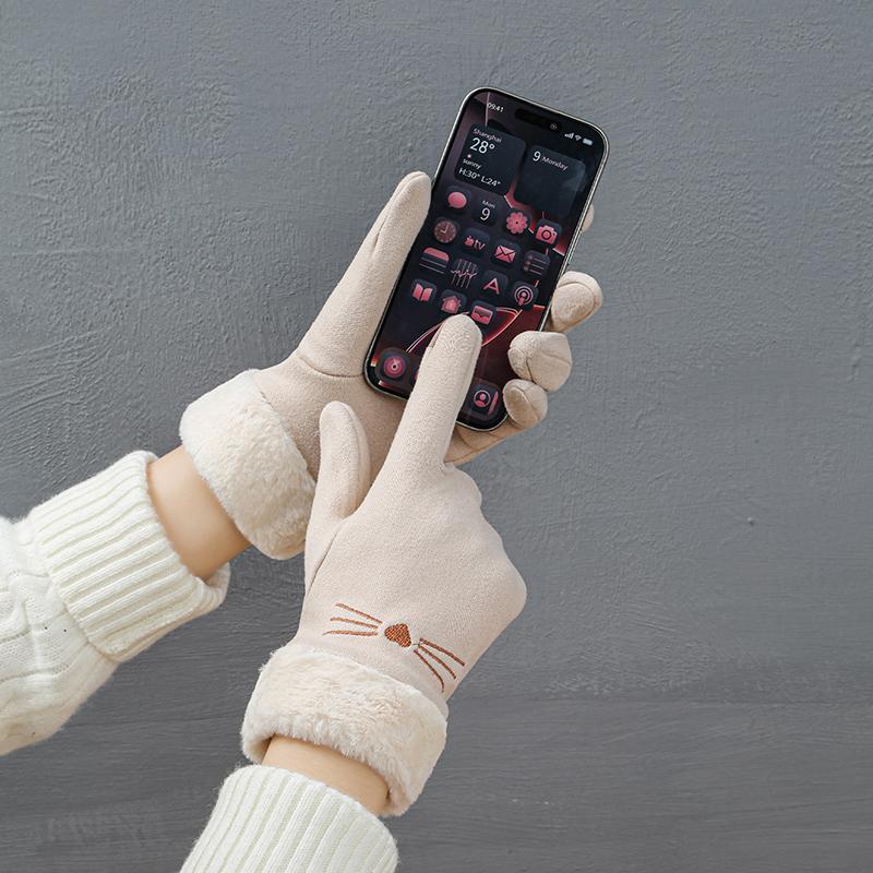 Winter Women'S Warm Gloves Have Windproof With Cute Cat And Cold Resistant Properties Thick Fur Lining And Touch Screen Gloves
