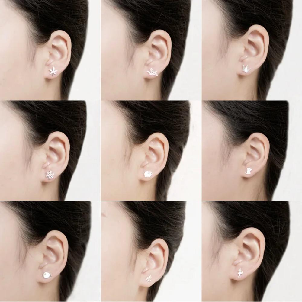 Silver Plated Korean Style Stud Earrings for Women Creative Ear Hole Design Allergy Free Fine Jewelry Accessories