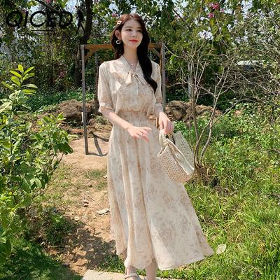 Sweet Short-sleeved Chiffon Floral Dress Women's Summer Gentle Wind Ruffled Temperament Long Skirt