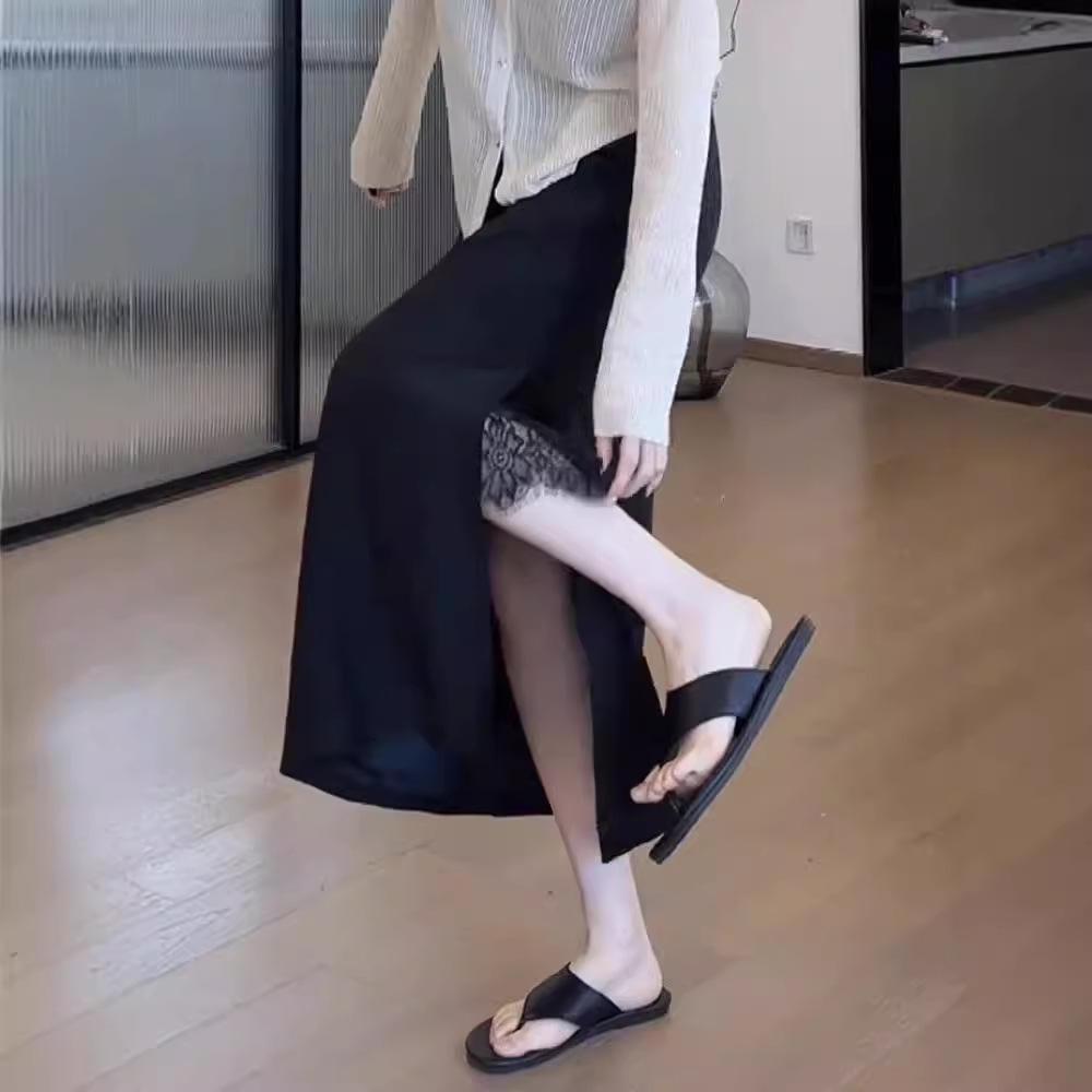 Women's Plus Size High Waist Black Midi Skirt with Lace Slit - Summer A-line Design