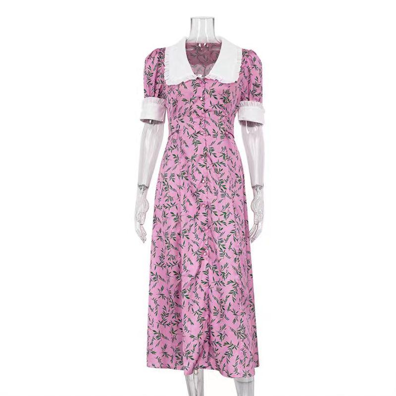

Fashion Style Summer Short Sleeve Doll Collar Elegant Dress Short Sleeved Doll Neck Dress Pink M