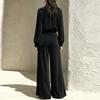Women's Casual Velour Two Piece Outfit with Pleated Top and Wide Leg Pants