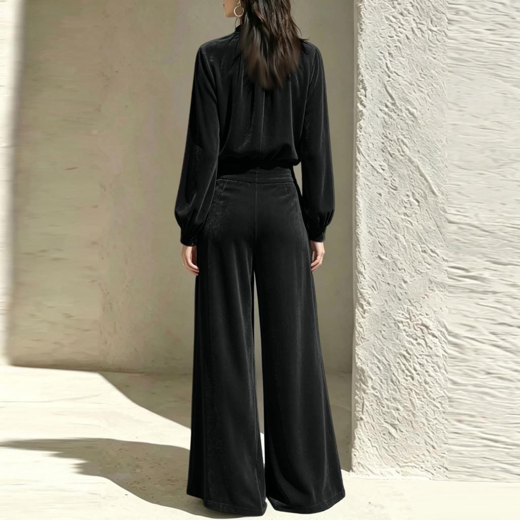 Women's Casual Velour Two Piece Outfit with Pleated Top and Wide Leg Pants