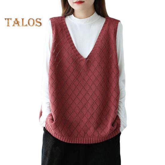 Spring Fall Women Vest Knitted Sweater Retro V Neck Loose Sleeveless Solid Color Pullover Hollow Out Rhombus Texture Daily Wear Top