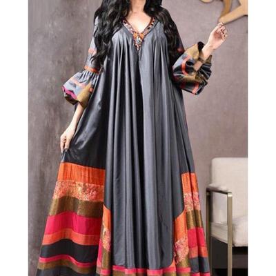 Vintage Printed Dress Women Breathable Loose Middle Eastern Robe Casual Long Sleeve Abaya V Neck Loose Muslim Abayas Women