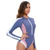Color Block One Piece Swimsuit for Women Long Sleeve Zipper Front High Neck Nylon Swimwear