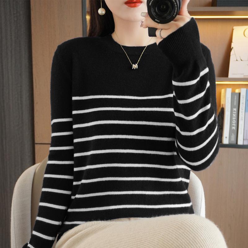 Herbstlicher gestreifter Strickpullover für Damen in großer Größe mit Rundhalsausschnitt, lockeres, lässiges Langarm-Unterhemd