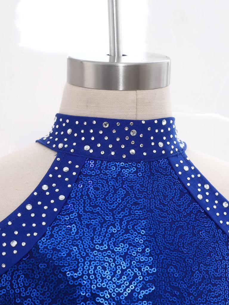 Girls Shiny Sequins Crop Top Long Sleeve Back Neck Press Buttons Closure Dance Shirt