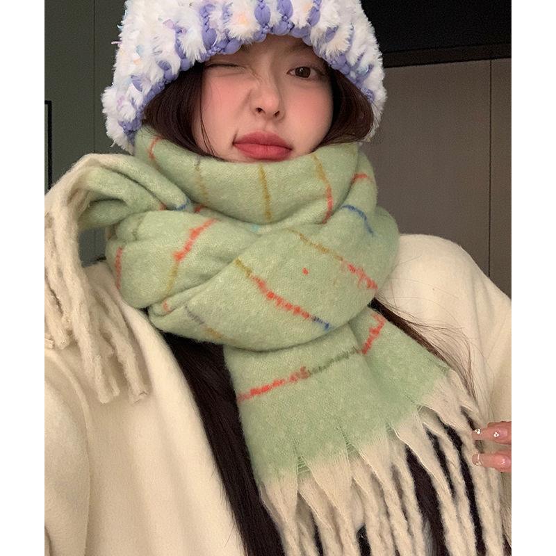 New High Sweet Plaid Dopamine Rainbow Gradient Striped Scarf for Women Autumn and Winter Warm Korean Student Sweet Scarf