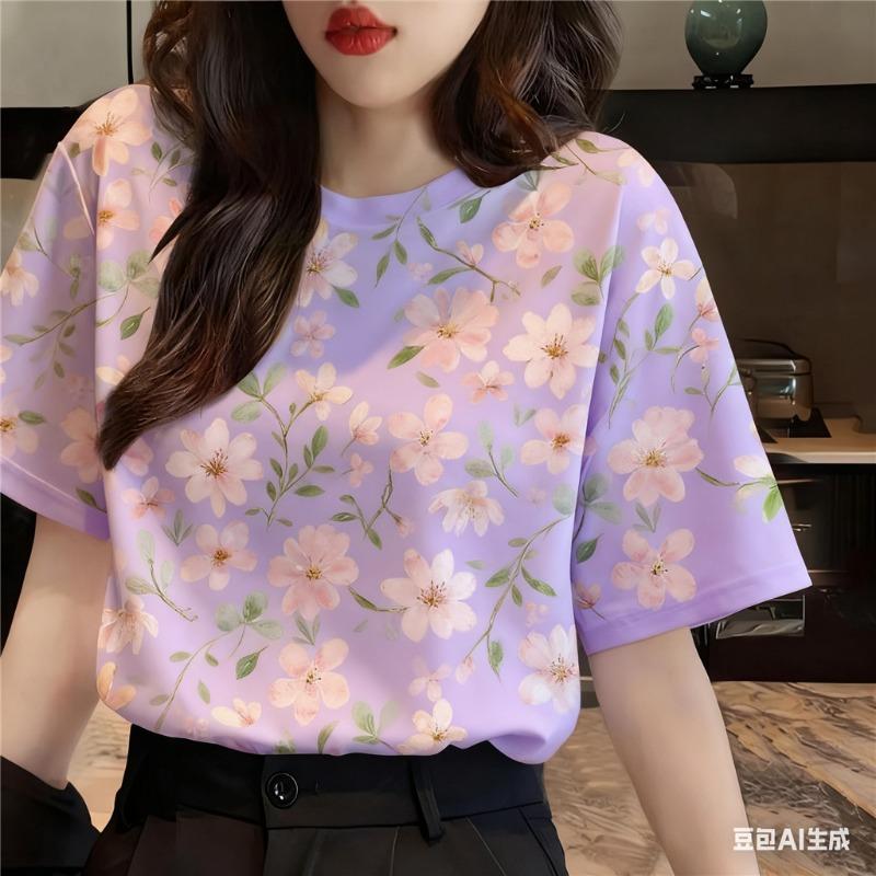 

Women s T-shirt plant flower round neck short sleeved summer casual top 6XL